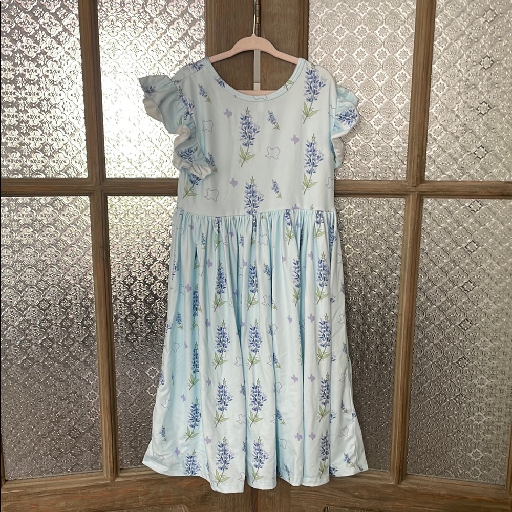 Mila & Rose Floral Blue Dress with Texas Print - Size 7-8